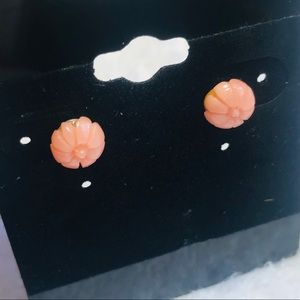 Peach Pink Carved Flower Stud Earrings